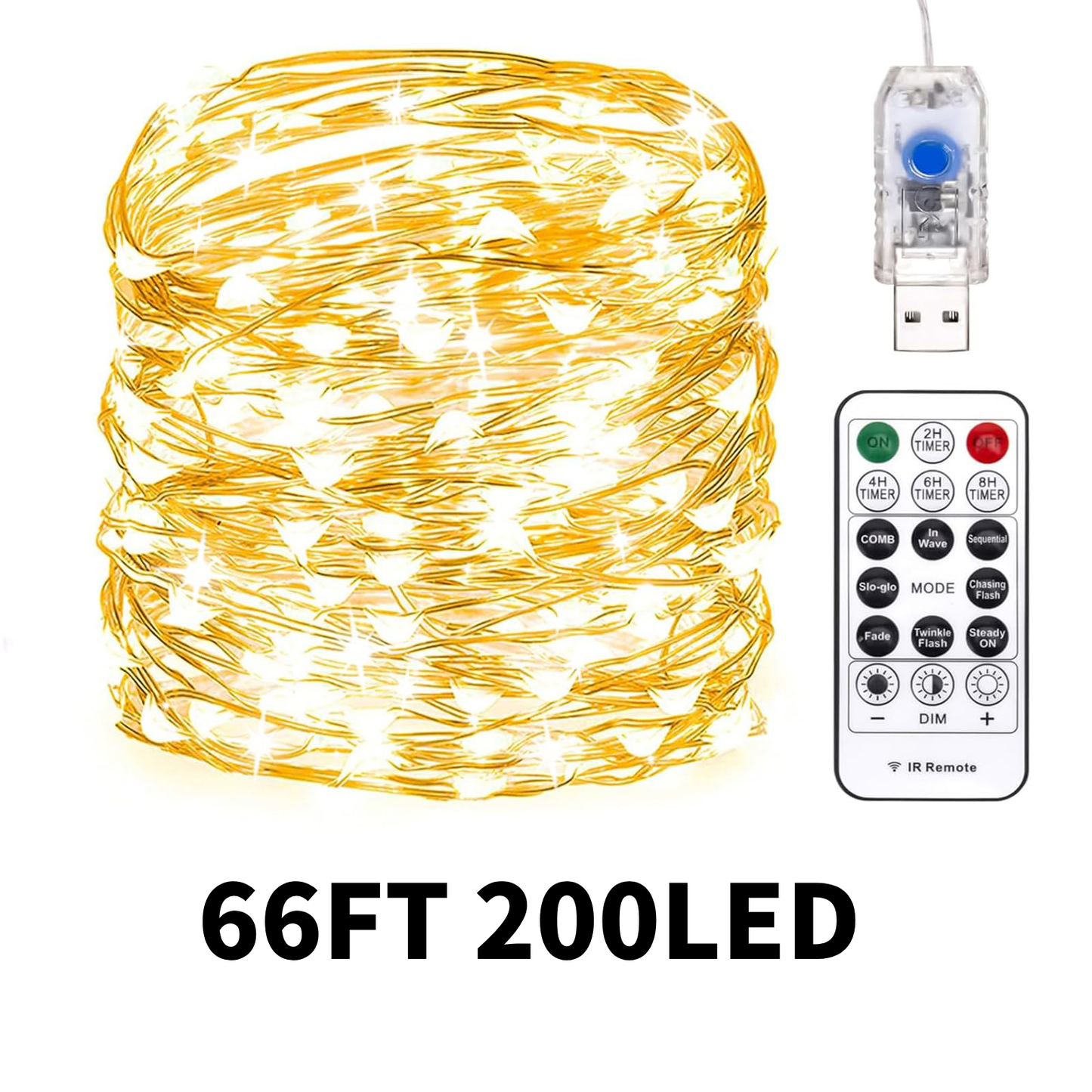 Fairy Lights 66FT 200LED, 33Ft 100 LED USB Twinkle String Lights Plug In Silver Wire Lights With Remote And Timer 8 Modes Outdoor Starry Lights DIY Party Wedding Christmas Decoration