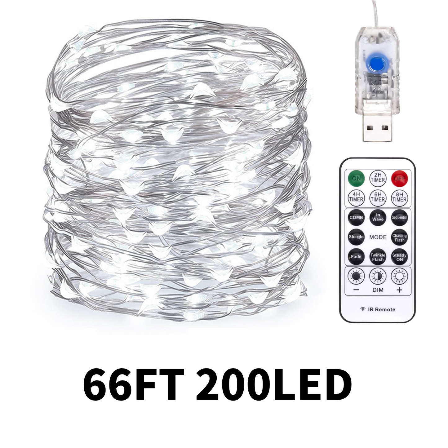 Fairy Lights 66FT 200LED, 33Ft 100 LED USB Twinkle String Lights Plug In Silver Wire Lights With Remote And Timer 8 Modes Outdoor Starry Lights DIY Party Wedding Christmas Decoration